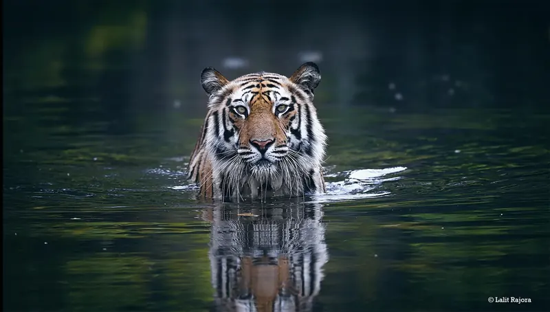 Tiger wading through a forest pool